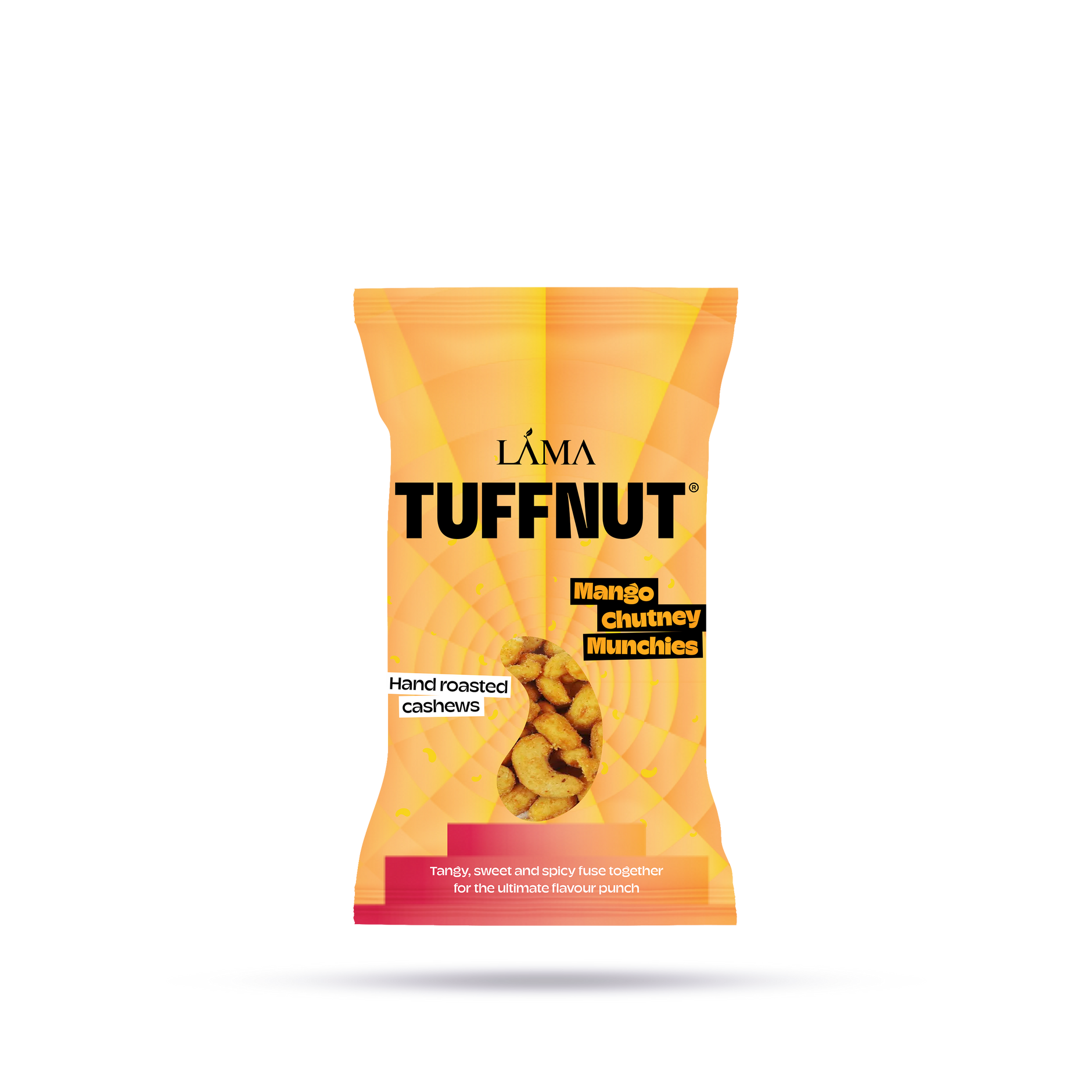 Lama Tuffnut mango flavor cashew package on a white background